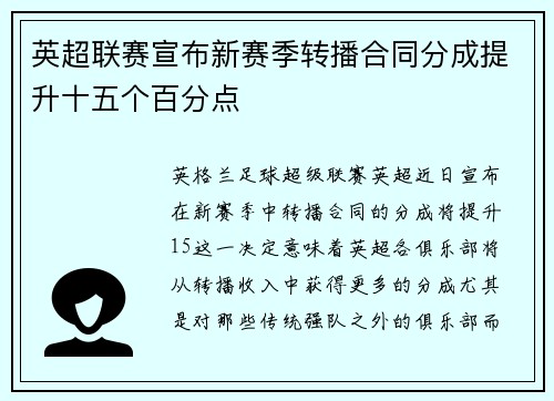 英超联赛宣布新赛季转播合同分成提升十五个百分点